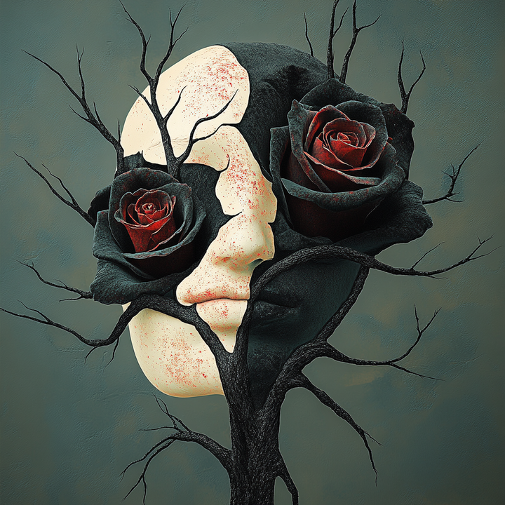 gesicht mit rosen und schwarzen ästen vor graugrünem hintergrund
