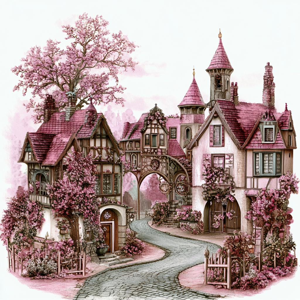 Märchenhafte Dorfszene in Rosatönen mit Fachwerkhäusern, Türmen, Bögen und blühenden Bäumen – eine verwunschene Straße führt durch das idyllische Dorf.
