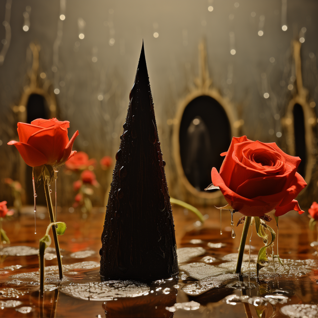 surrealistische rote rosen vor dunkler spitze mit regentropfen und spiegeln
