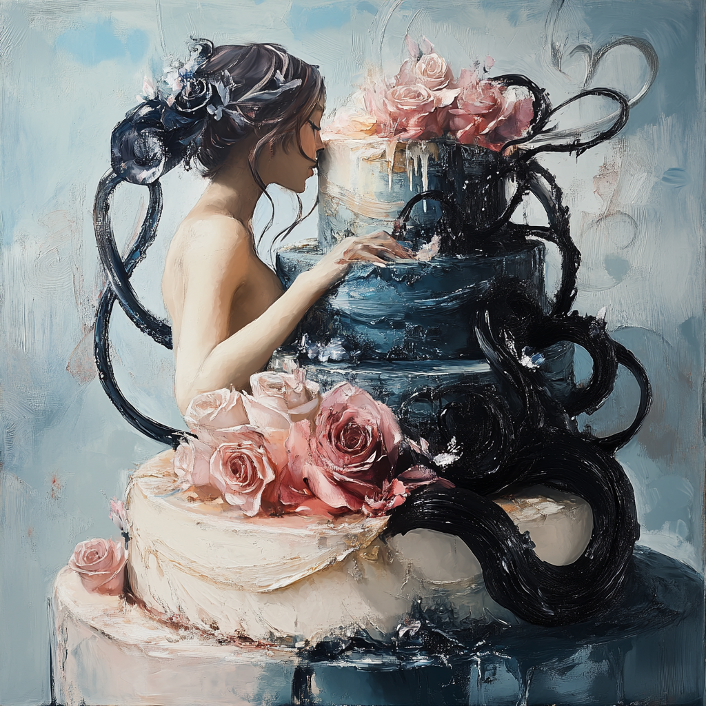 surrealistisches gemälde einer frau mit torte und rosen in pastelltönen
