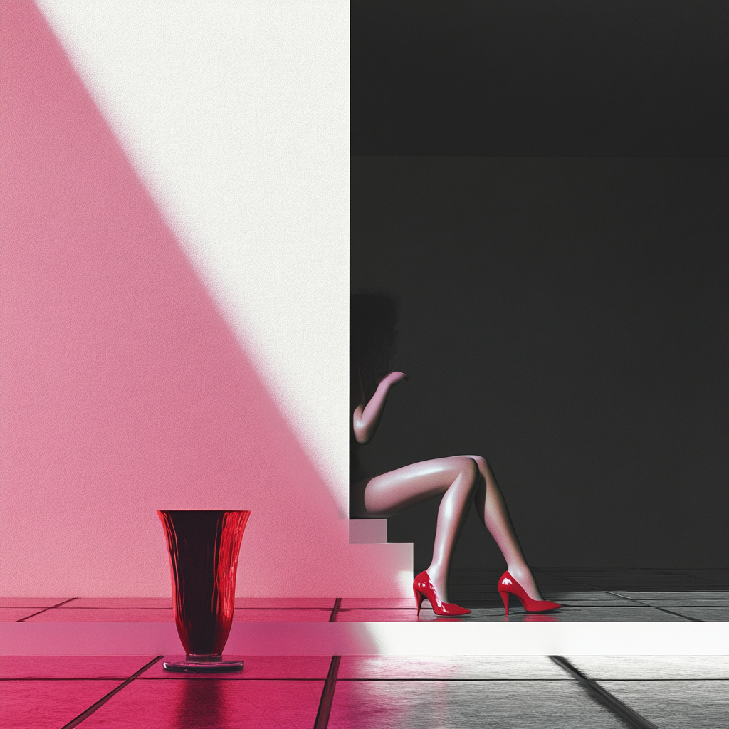 Minimalistische Szene mit einer Frau in roten High Heels, halb im Schatten verborgen, und einer roten Vase im Licht – geometrisches Spiel aus Licht, Farbe und Raum.
