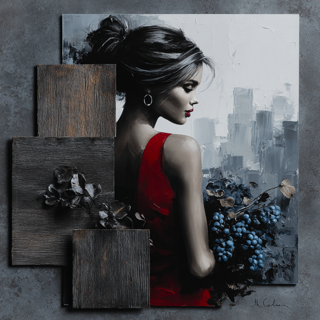 Malerei einer Frau im roten Kleid mit dunklem Hintergrund, kombiniert mit Holzelementen und floralen Details – Symbol für Erinnerung, Eleganz und Kontrast.
