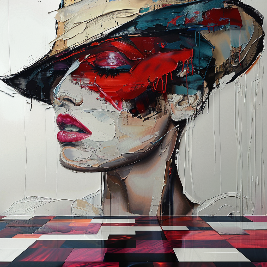 Ausdrucksstarkes Porträt einer Frau mit roter Maske und Hut in kräftigen Farbstrukturen. Mischung aus Streetart und moderner Malerei.
