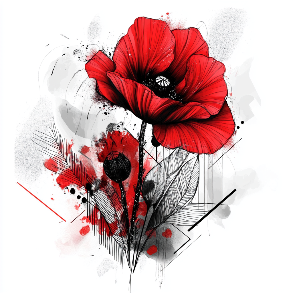 Abstrakte rote Mohnblume mit grafischen Linien und Spritzern auf weißem Hintergrund – modernes Kunstwerk mit Kontrast und Tiefe.
