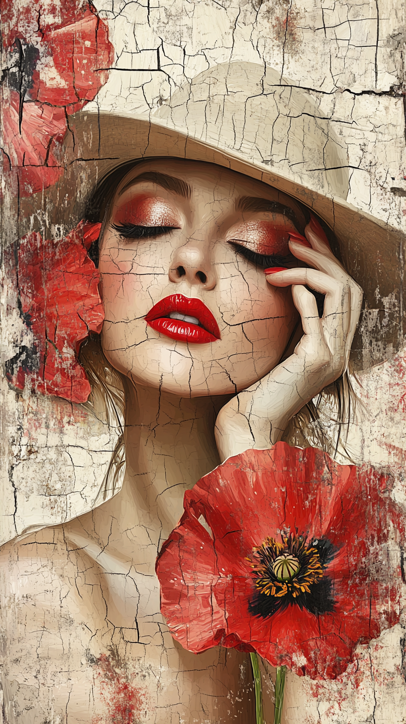 Porträt einer Frau mit rotem Lippenstift, geschlossenen Augen und Mohnblumen, gemalt auf rissiger Leinwand – Symbol für Schönheit und Vergänglichkeit.
