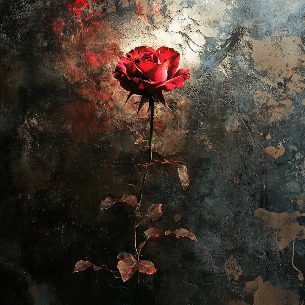 Einzelne rote rose auf dunklem, strukturreichem hintergrund – symbolträchtiges kunstwerk zwischen zerbrechlichkeit und kraft.
