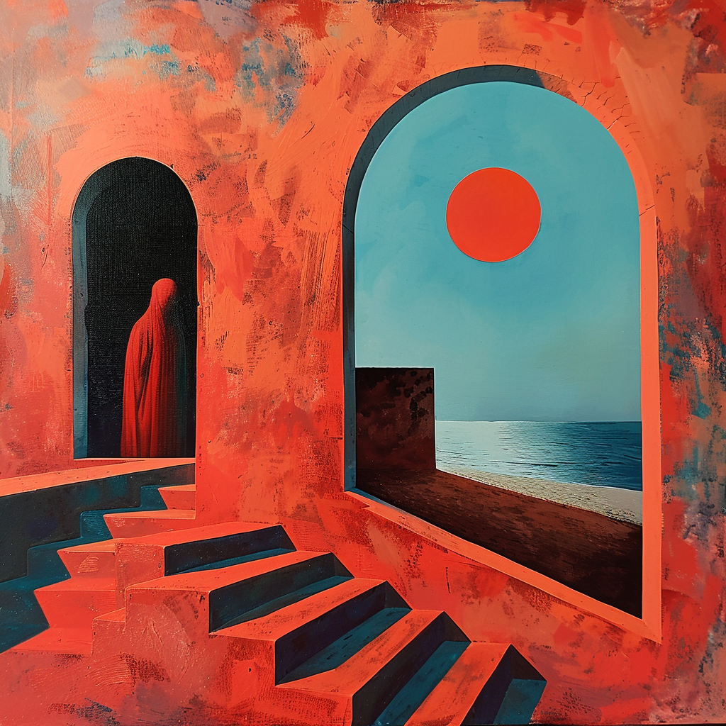 Abstraktes surrealistisches Gemälde mit roter Sonne, Treppen und einer vermummten Figur in einem architektonischen Raum.
