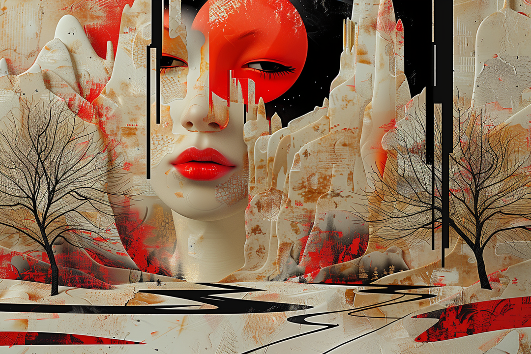 Abstraktes Porträt einer Frau mit rotem Kreis über den Augen, umgeben von surrealen Landschaftsformen. Kombination aus Struktur, Stille und Symbolik – mit dominanten Rot-, Beige- und Schwarztönen.
