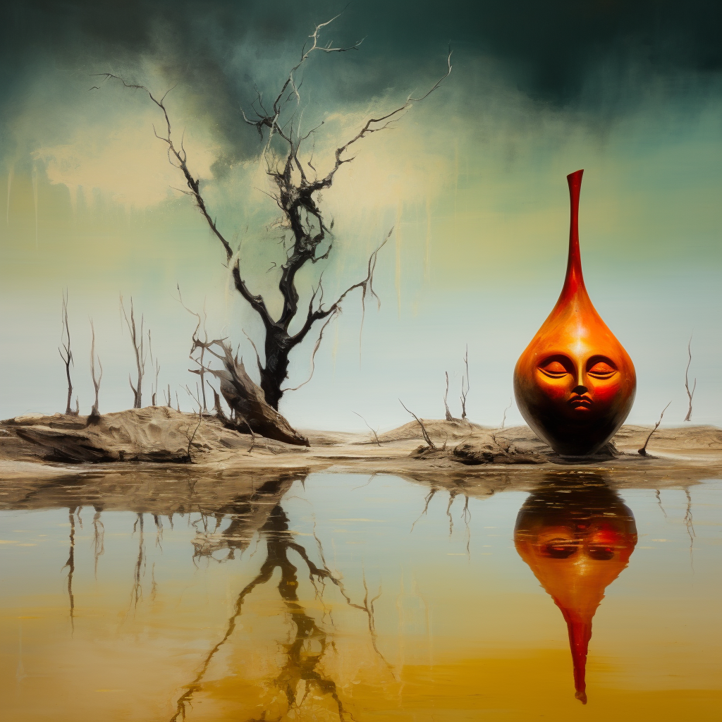 Surreale Landschaft mit einer großen roten, tropfenförmigen Skulptur mit Gesicht, die sich im goldenen Wasser spiegelt, neben einem kahlen Baum unter grün-gelbem Himmel.
