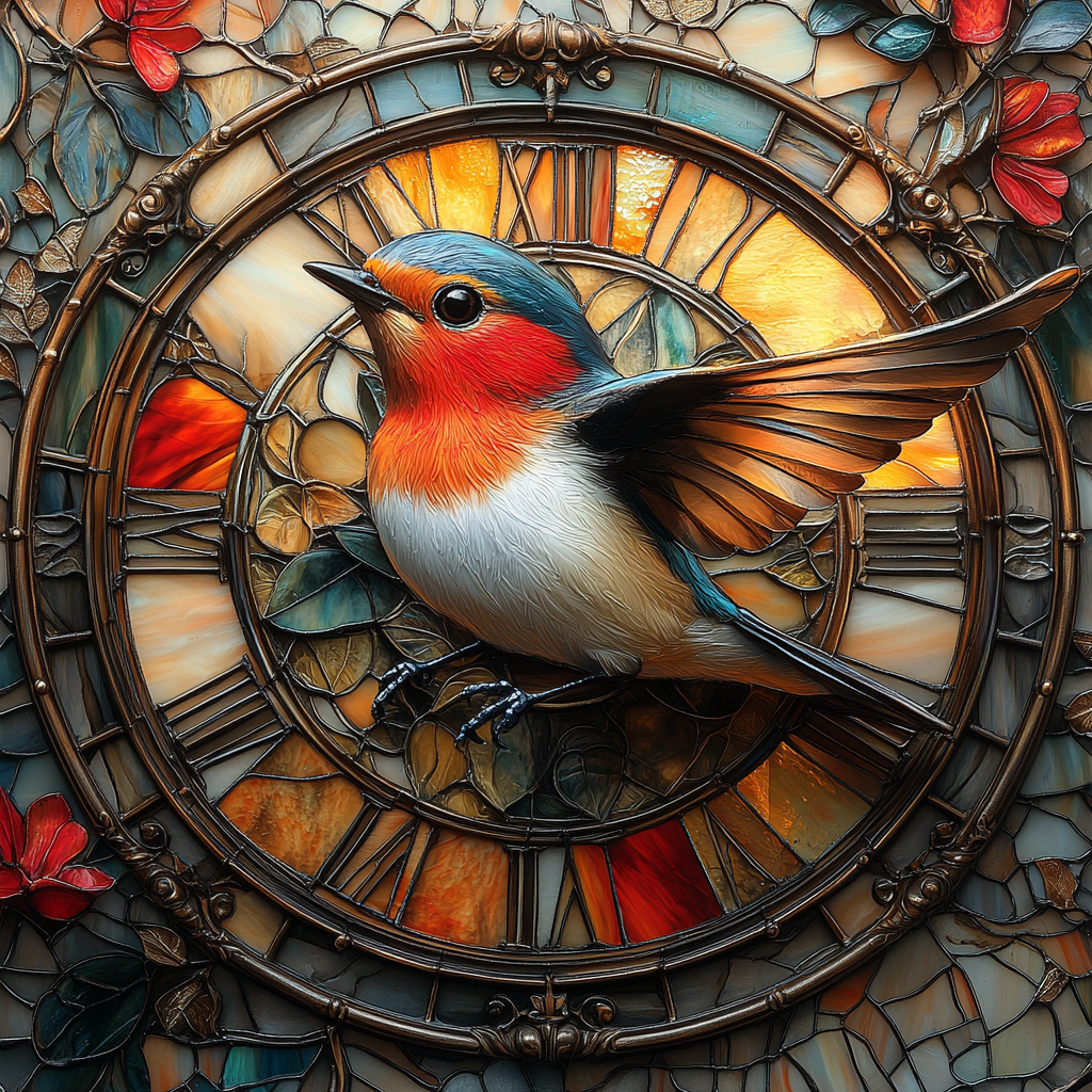 Rotkehlchen mit ausgebreiteten Flügeln sitzt auf einer kunstvoll gestalteten Uhr aus Glas und Metall – digitale Kunst in warmen Farben.
