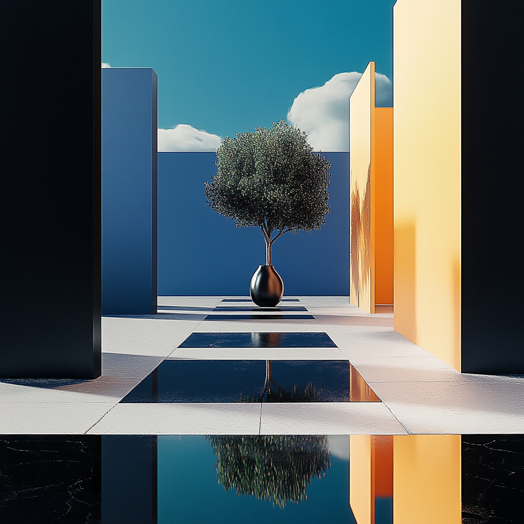 Minimalistisches Kunstwerk mit geometrischen Formen, klaren Linien und einem einzelnen Baum in einer Vase – Symbol für Balance, Klarheit und Ruhe.
