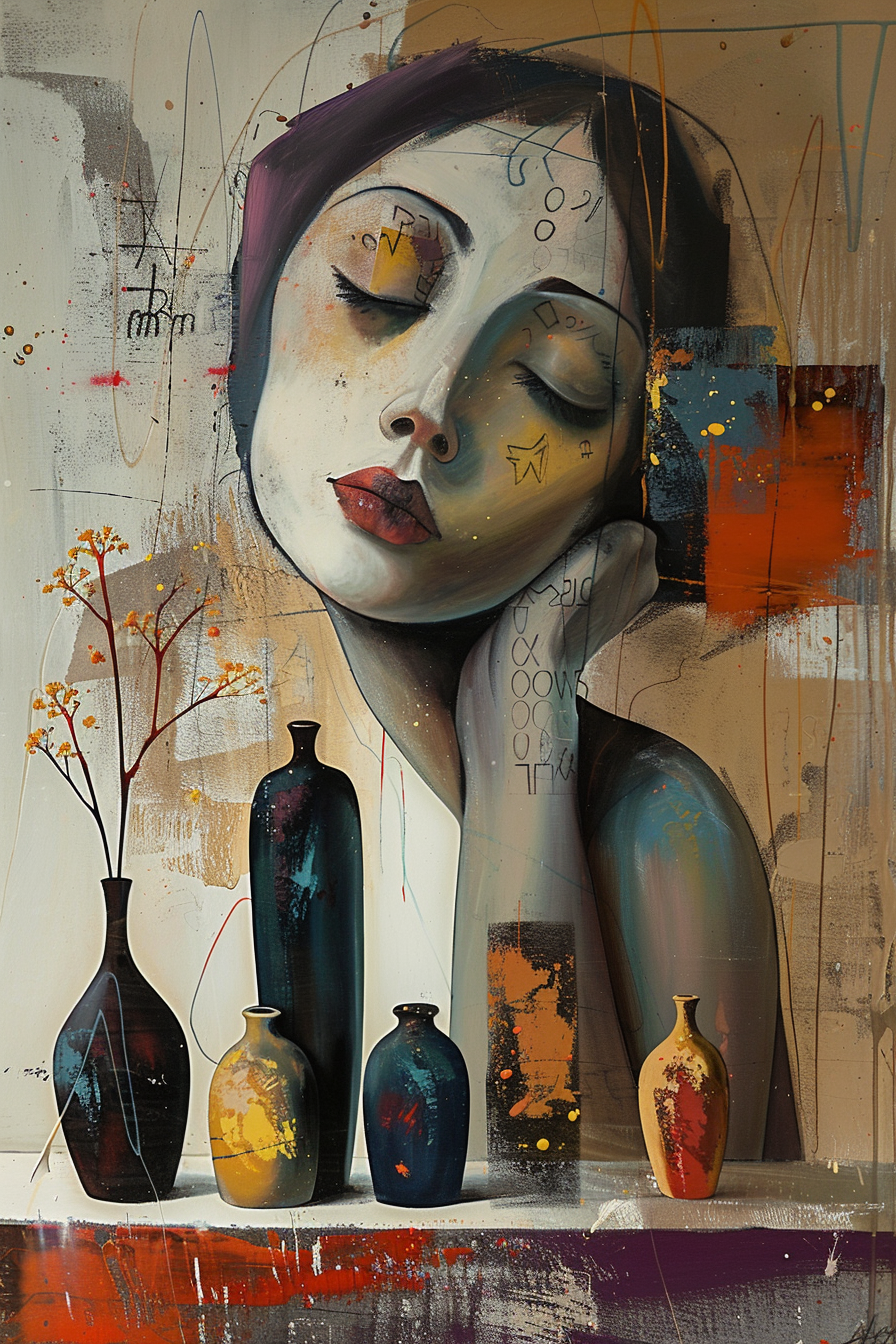 Gemälde einer träumenden Frau mit geschlossenen Augen, umgeben von bunten Vasen und abstrakten Formen in warmen Farbtönen.
