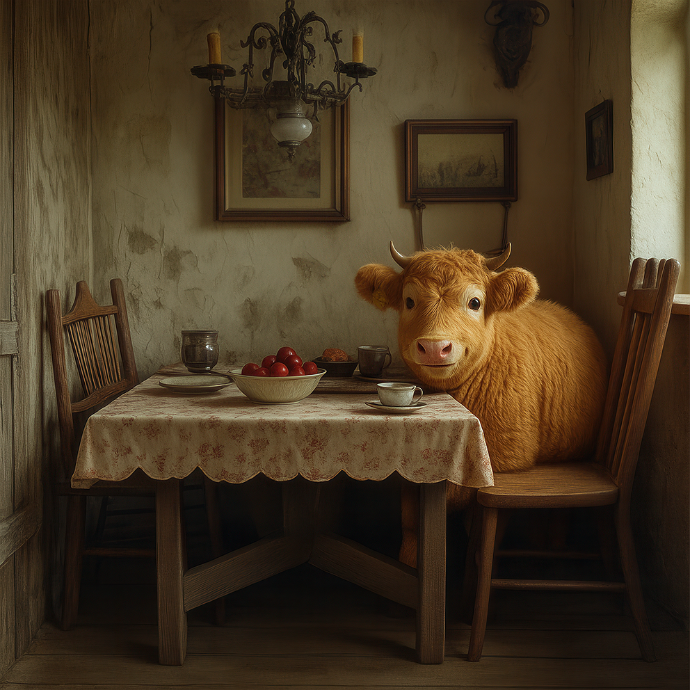 Kuh sitzt gemütlich an einem Tisch in einer rustikalen Stube, umgeben von Kerzenlicht, Holz und Früchten. Warmes, nostalgisches Ambiente.
