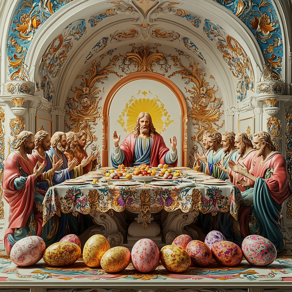 Künstlerische Darstellung des letzten Abendmahls mit österlichen Symbolen und goldverzierten Eiern.
