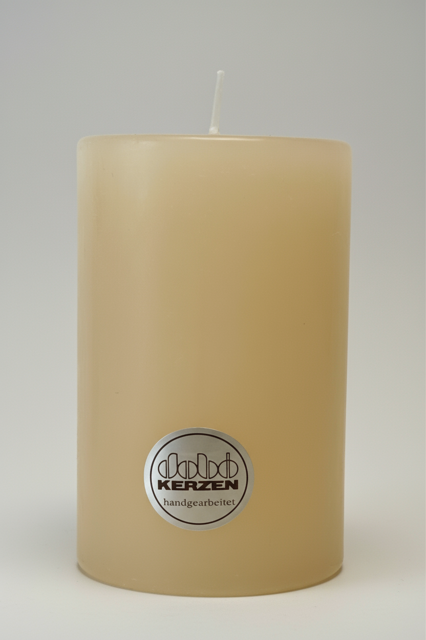 Sandfarbene Stumpenkerze aus Wachs, handgearbeitet und hochwertig gegossen, hergestellt von DOBO Kerzen.