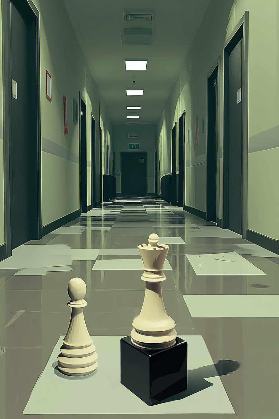Ein heller, leerer Korridor mit zwei Schachfiguren – Bauer und Dame – auf dem Boden; symbolisches Spiel zwischen Macht, Strategie und Isolation.
