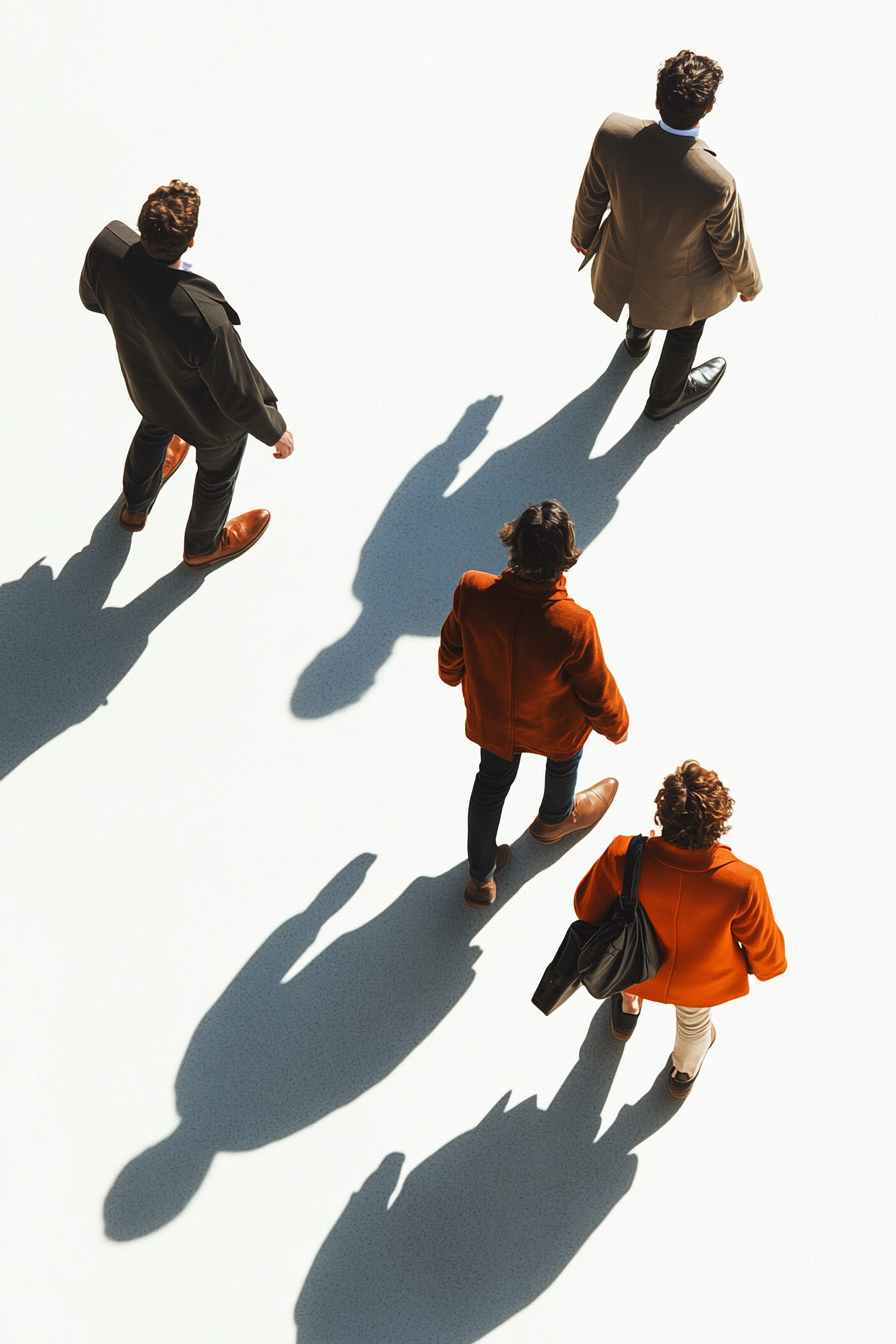 Vier Personen gehen über eine helle Fläche, ihre langen Schatten deuten in unterschiedliche Richtungen – minimalistisches, symbolisches Motiv.
