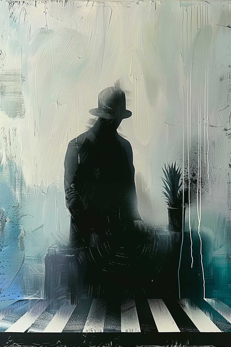 Schattenhafte Figur mit Hut in einem minimalistischen, atmosphärischen Raum – surreale Komposition aus Licht, Struktur und Stille.
