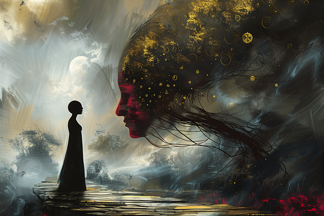 Surreale Szene einer Figur auf einem Steg, die vor einem schwebenden, kosmischen Gesicht steht. Dunkle und goldene Farbtöne vermischen sich mit Nebel und Licht – Symbol für Erinnerung, Bewusstsein und das Unbekannte.
