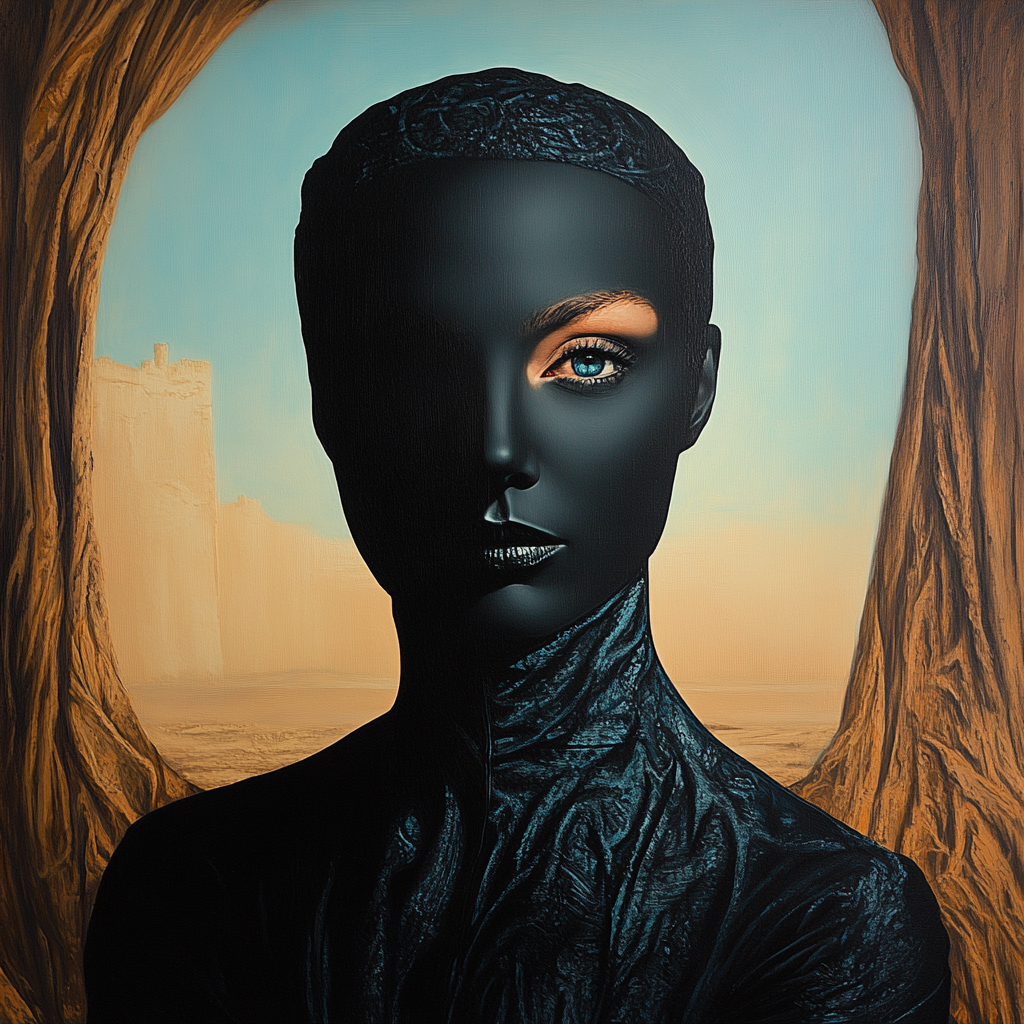 Porträt einer Frau mit schwarzer, glänzender Haut, deren Gesicht halb im Schatten liegt. Ein hellblaues Auge leuchtet aus der Dunkelheit. Im Hintergrund eine sandige Landschaft mit Felsformationen, eingerahmt von dunklen Baumstämmen.
