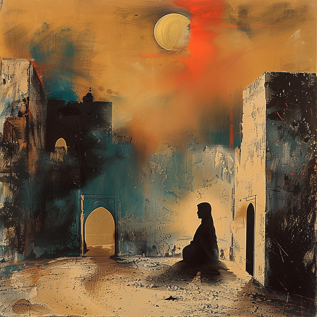 Ein meditatives Gemälde mit einer sitzenden Figur im Schatten einer alten Stadt unter einem warmen, goldenen Himmel mit Mond.
