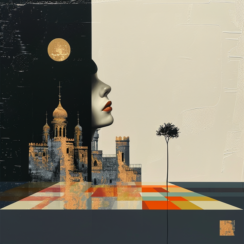 Surreales Kunstwerk mit Frauengesicht, Schloss, Mond und geometrischem Boden in warmen Farben. Verbindung von Traum und Architektur.
