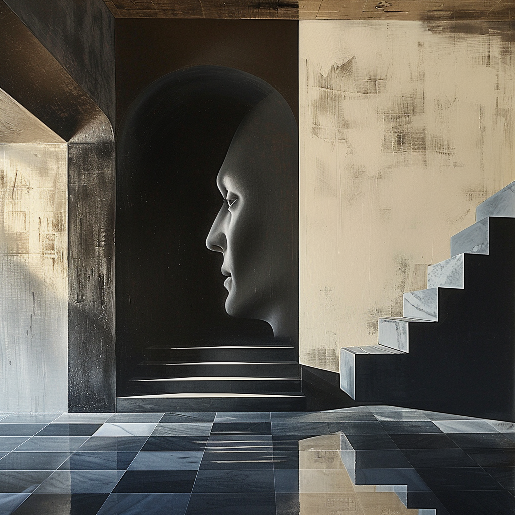 Surreales Interieur mit Treppe und einem in Schatten gehüllten Profilgesicht. Spiel von Licht, Raum und Stille.
