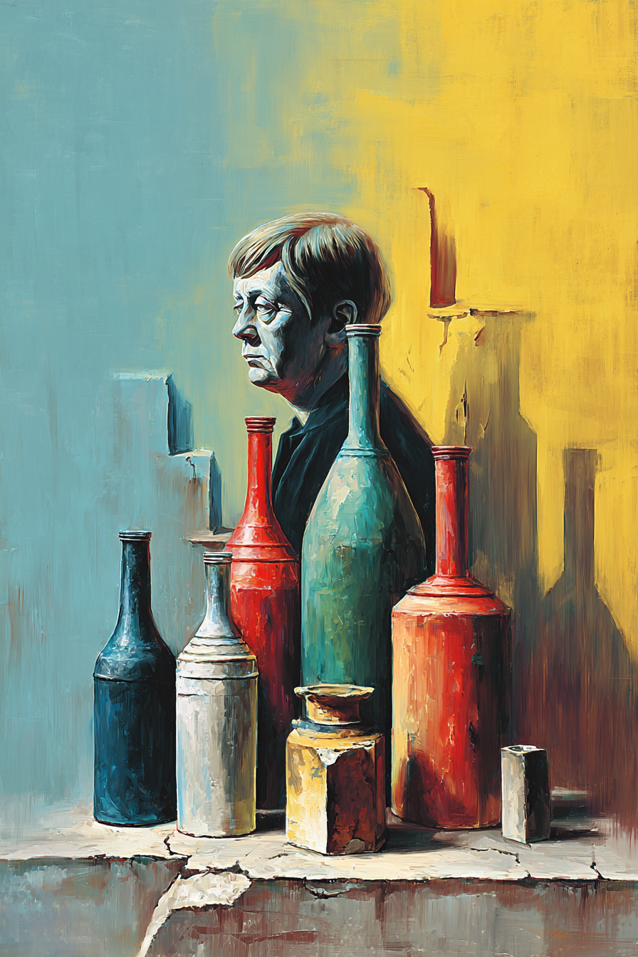 gemälde mit person zwischen bunten flaschen vor blau gelbem hintergrund
