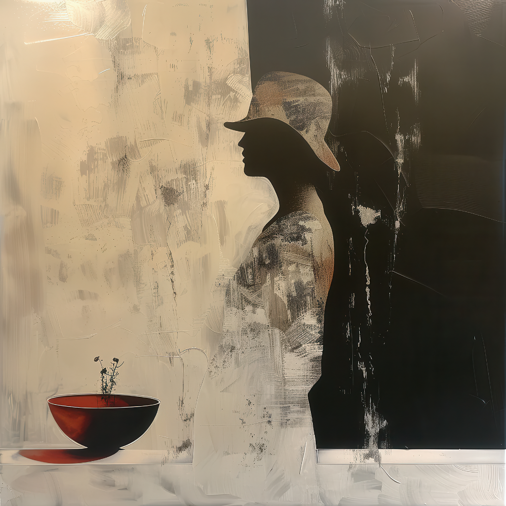 Abstrakte Silhouette mit Hut zwischen heller und dunkler Fläche, Schale links.
