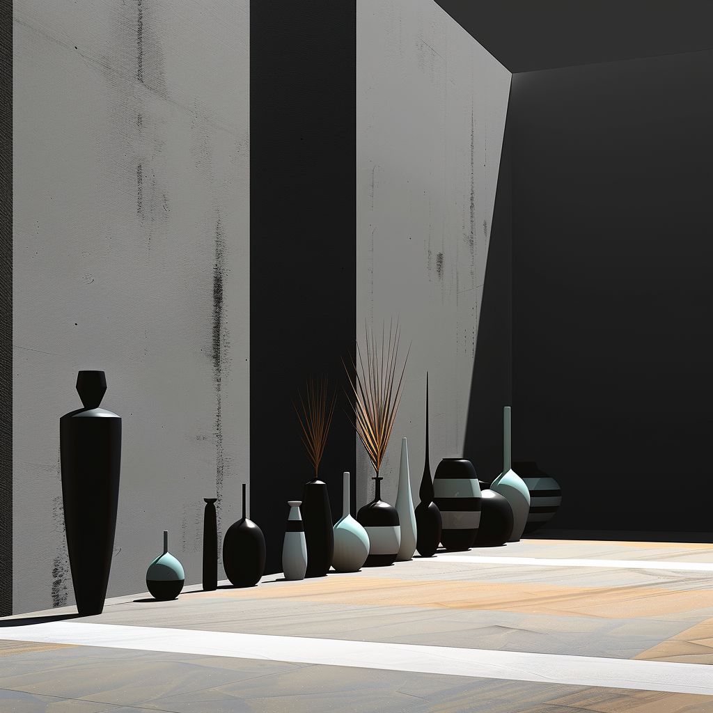 Minimalistische Anordnung von modernen Vasen in Licht und Schatten – ein Spiel aus Form, Struktur und Balance im architektonischen Raum.

