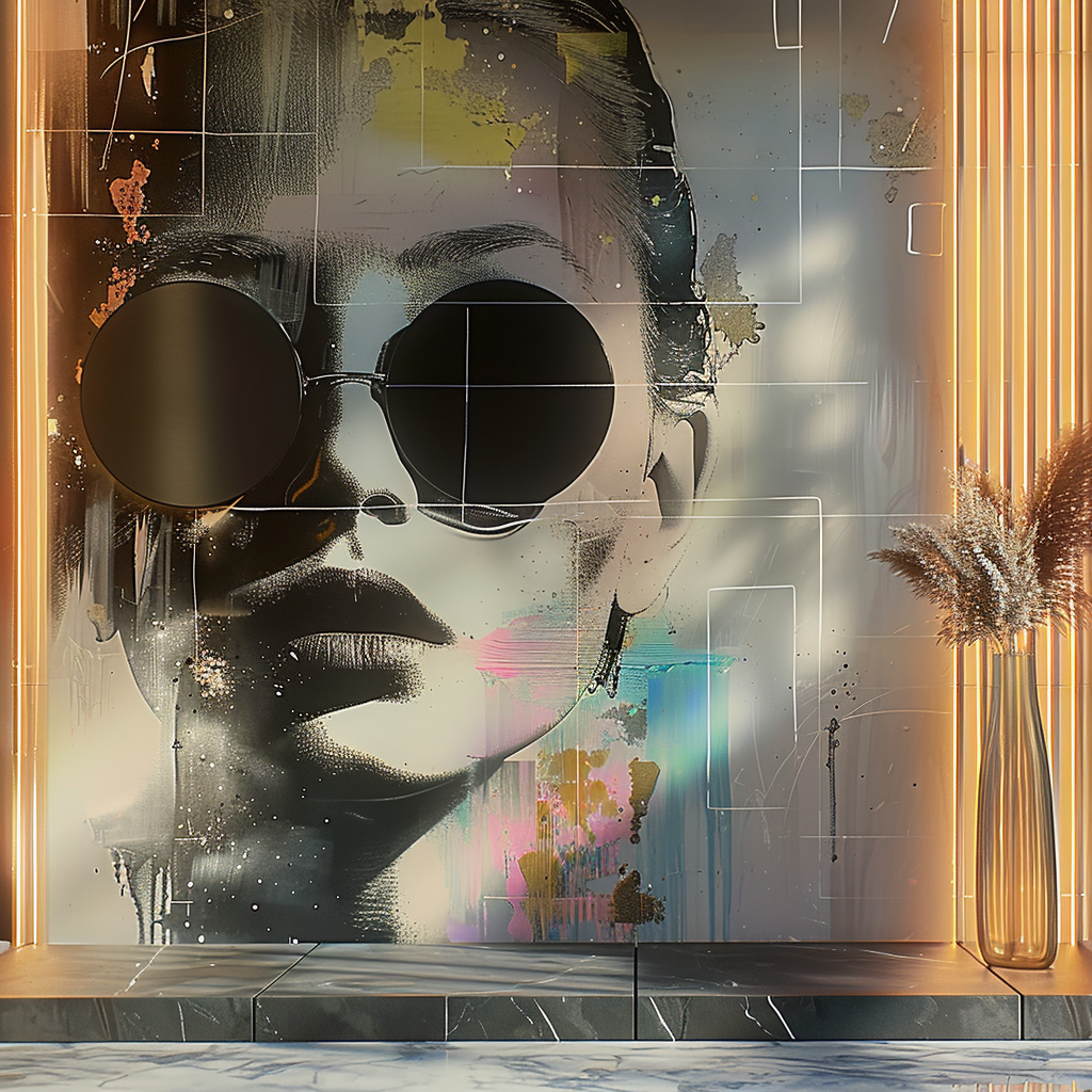 modernes portraet einer frau mit sonnenbrille in urbaner wandkunst mit lichteffekten
