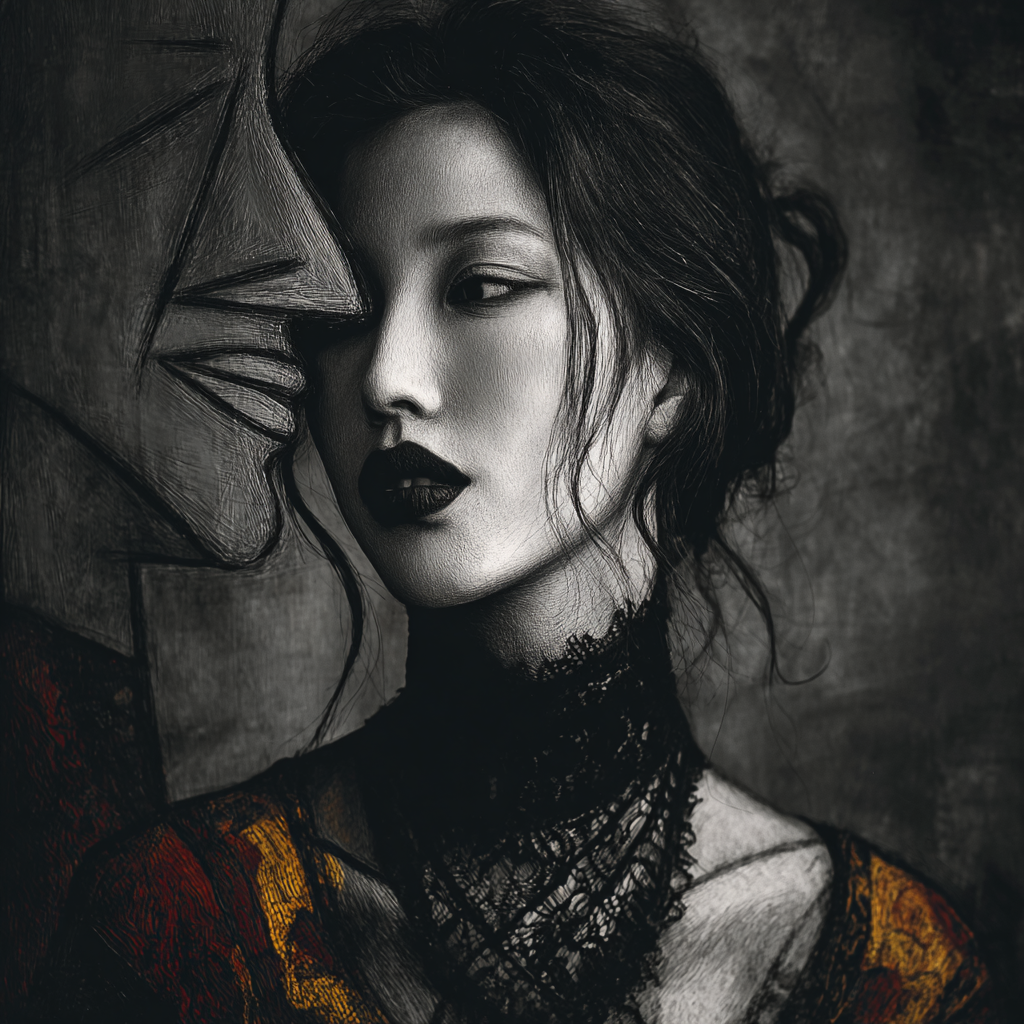 Monochromes Porträt einer Frau mit dunklem Spitzenkragen neben einer abstrakt gezeichneten Figur.
