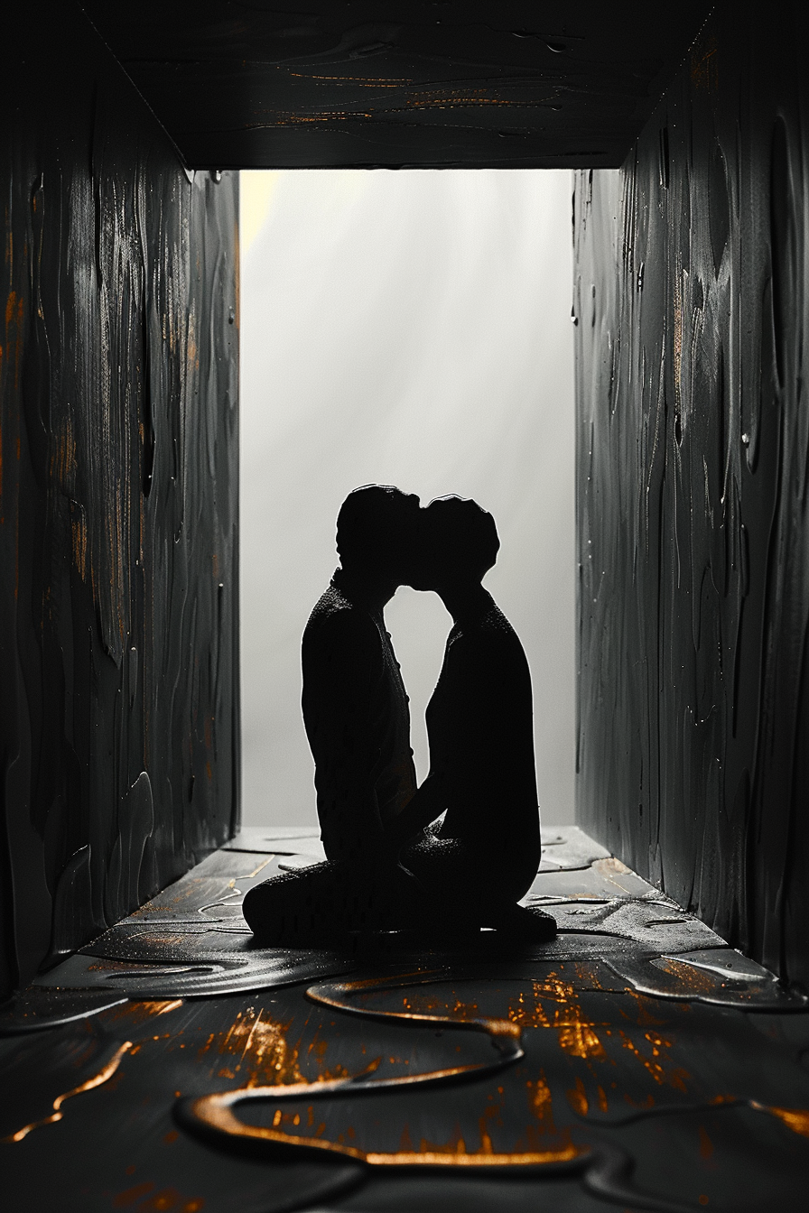 Minimalistische Szene zweier sich küssender Silhouetten in einem dunklen Raum mit goldenem Licht – Symbol für Nähe, Stille und die Tiefe menschlicher Verbindung.
