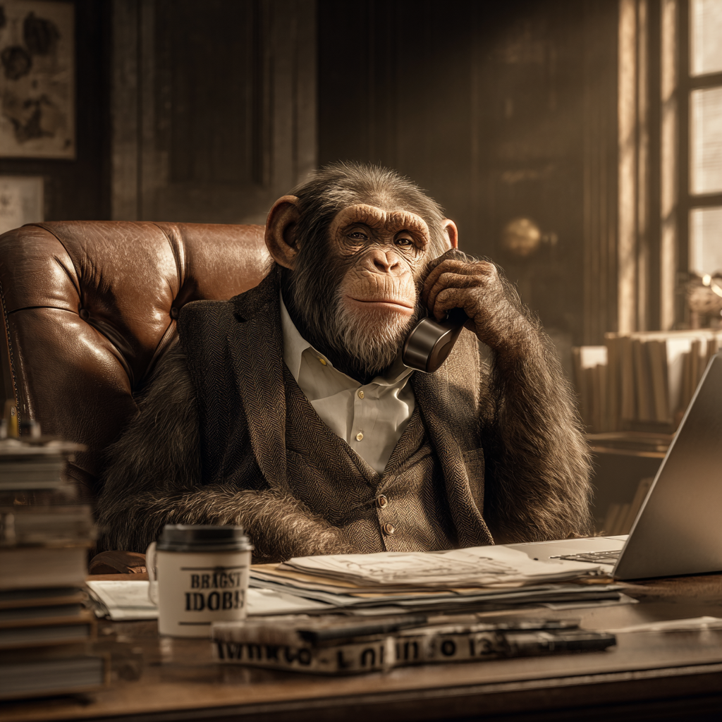 Schimpanse im eleganten Vintage-Büro, telefonierend, in einer warmen, detailreichen Szene mit Akten, Sessel und Tasse Kaffee.
