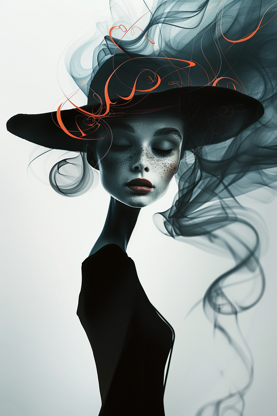 Surreales Porträt einer Frau mit Hut, umgeben von Rauchschleiern in Schwarz und Orange – Symbol für Eleganz, Geheimnis und flüchtige Gedanken.
