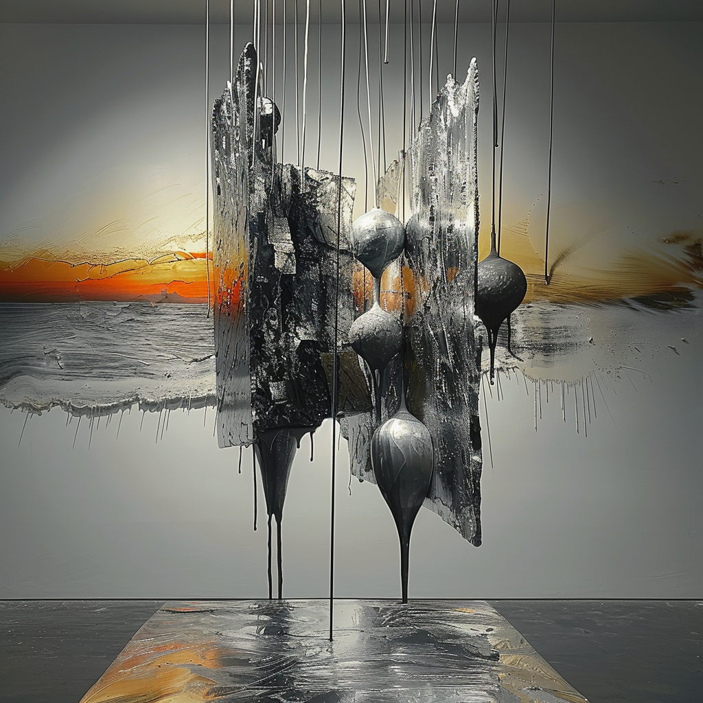 Abstrakte Skulptur aus fließendem Metall und dunklen Formen vor einer gemalten Meereslandschaft bei Sonnenuntergang.
