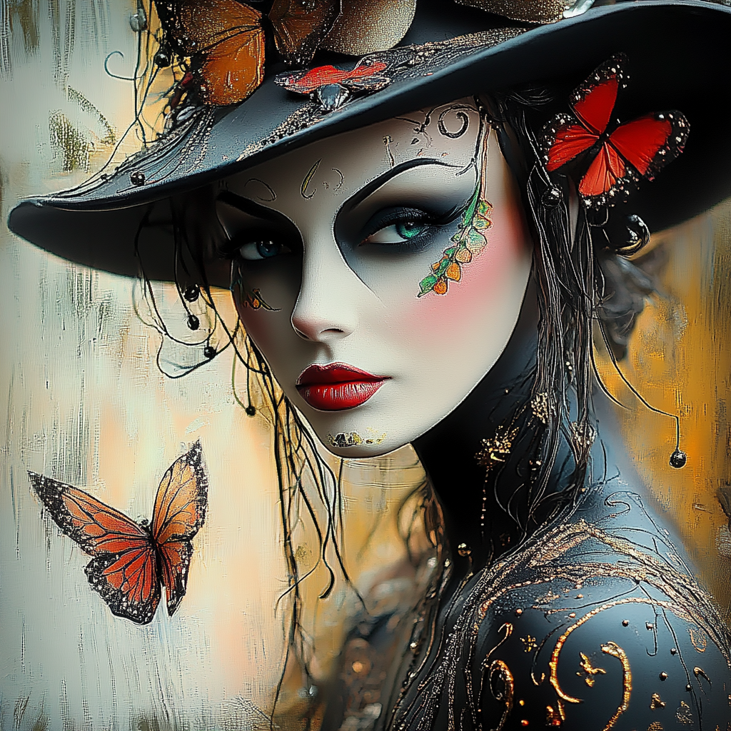 Porträt einer Frau mit schwarzem Hut und roten Schmetterlingen, verziert mit goldenen Ornamenten und geheimnisvollem Blick.
