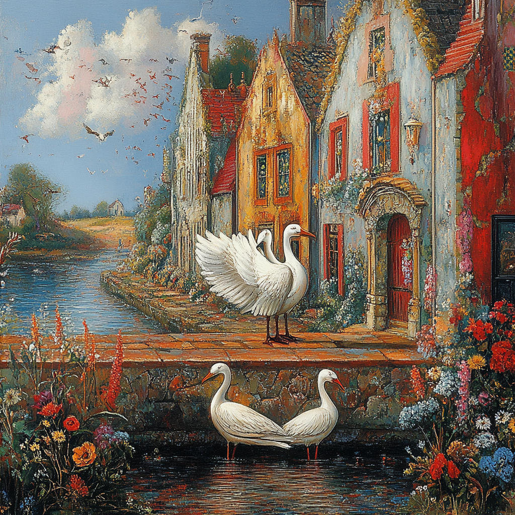 Romantisches Gemälde von Schwänen vor alten Häusern an einem Fluss in einem malerischen Dorf
