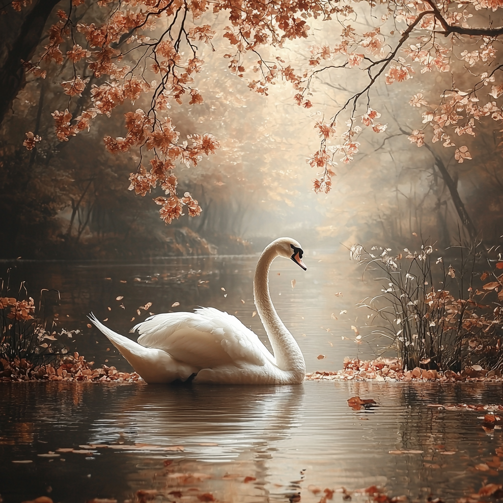Weißer Schwan gleitet über einen stillen See, umgeben von Herbstlaub und warmem Licht – digitale Naturkunst.
