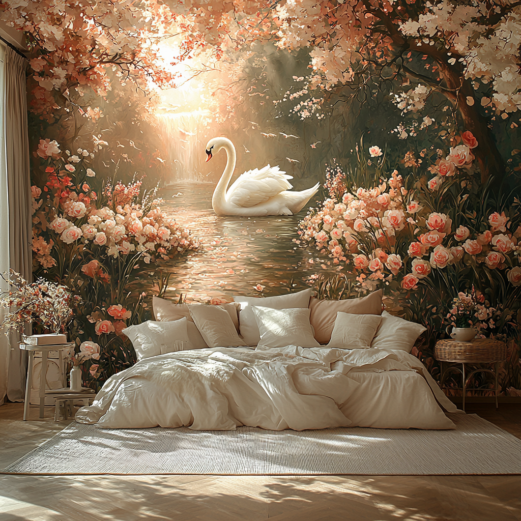 Eleganter weißer Schwan schwimmt in einem von Blumen umgebenen Teich unter warmem Sonnenlicht – digitale romantische Kunst.
