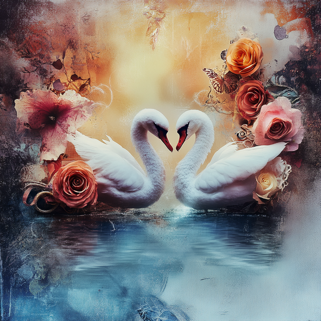Zwei weiße Schwäne berühren sich sanft mit den Schnäbeln über einem stillen, blauen Wasser. Sie sind von Rosen und zarten Blüten umgeben, die in warmen Gold- und Rosatönen erstrahlen.
