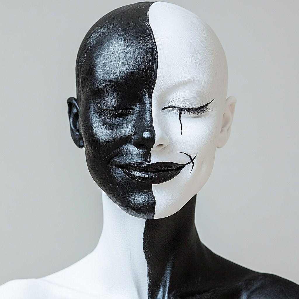 gesicht halb schwarz halb weiß bemalt mit geschlossenen augen und lächeln
