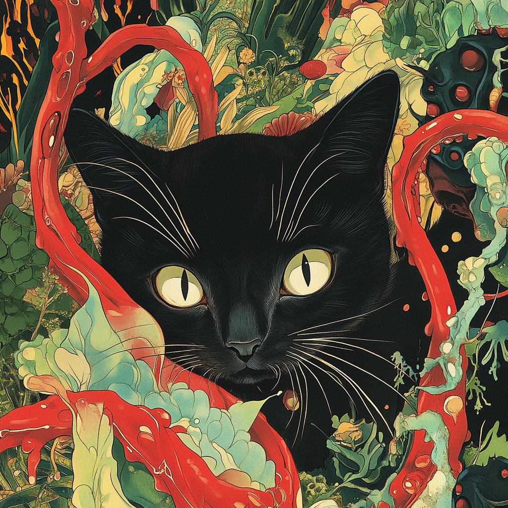 Schwarze Katze mit intensiven Augen inmitten einer surrealen Pflanzenwelt aus kräftigen Farben – digitale Kunst mit mystischer Atmosphäre.
