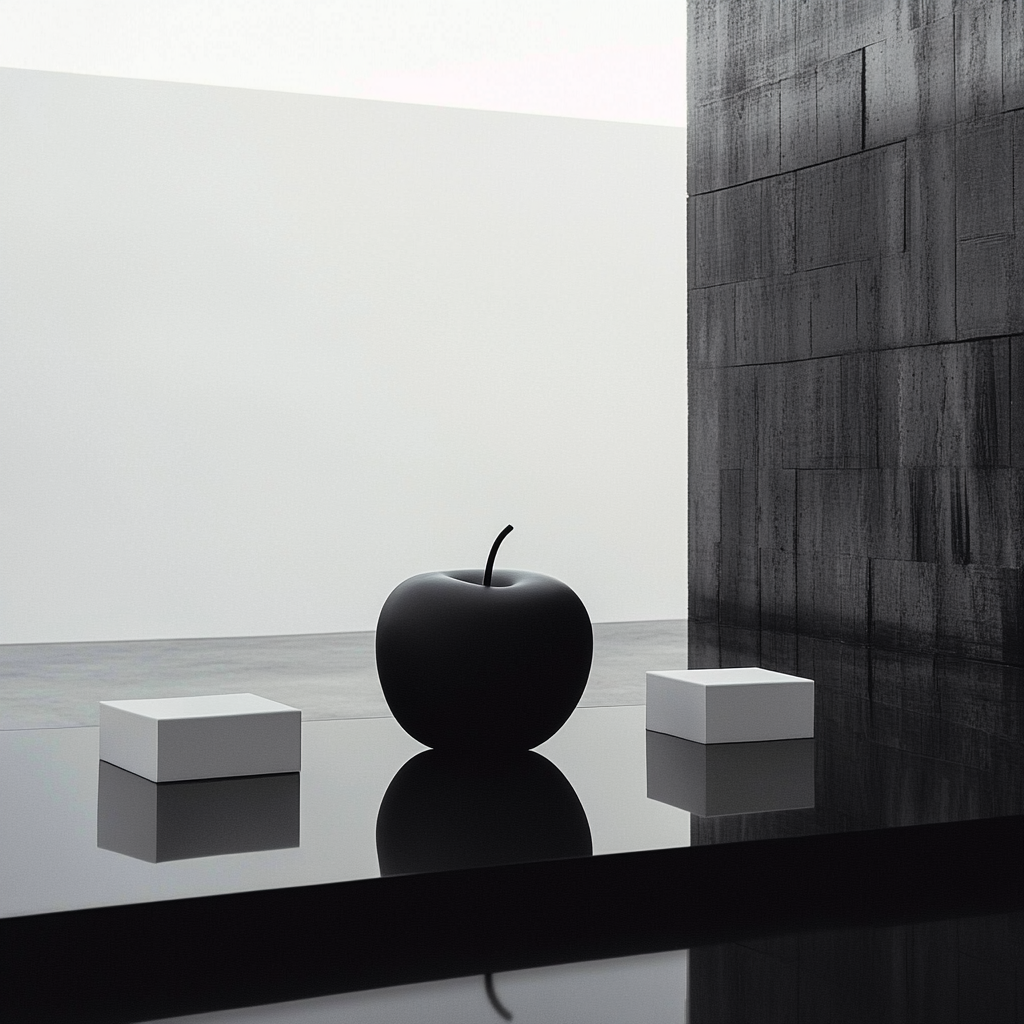 Schwarze Apfelskulptur auf glänzender Fläche zwischen weißen Würfeln – minimalistisches Kunstwerk mit klarer Raumkomposition.
