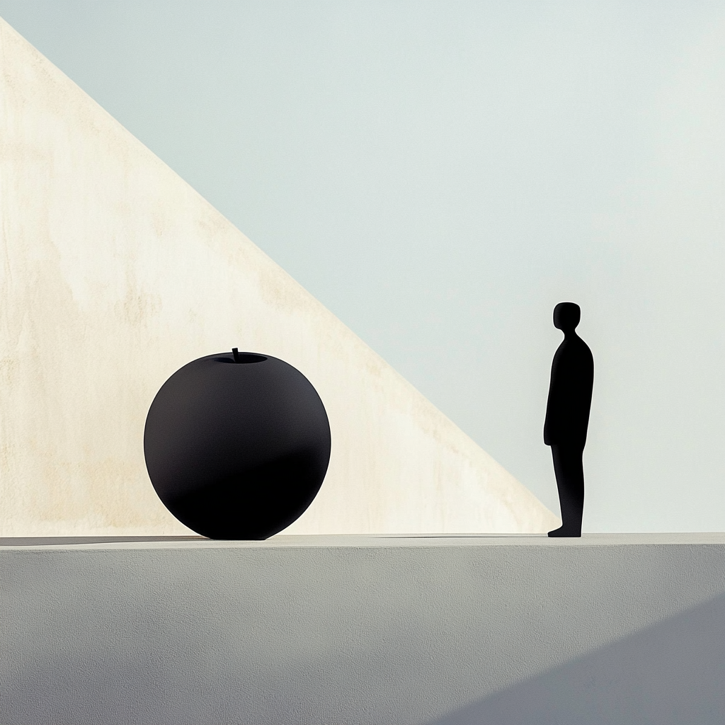 Schwarzer Apfel und menschliche Silhouette in minimalistischer Komposition mit geometrischem Lichtspiel.
