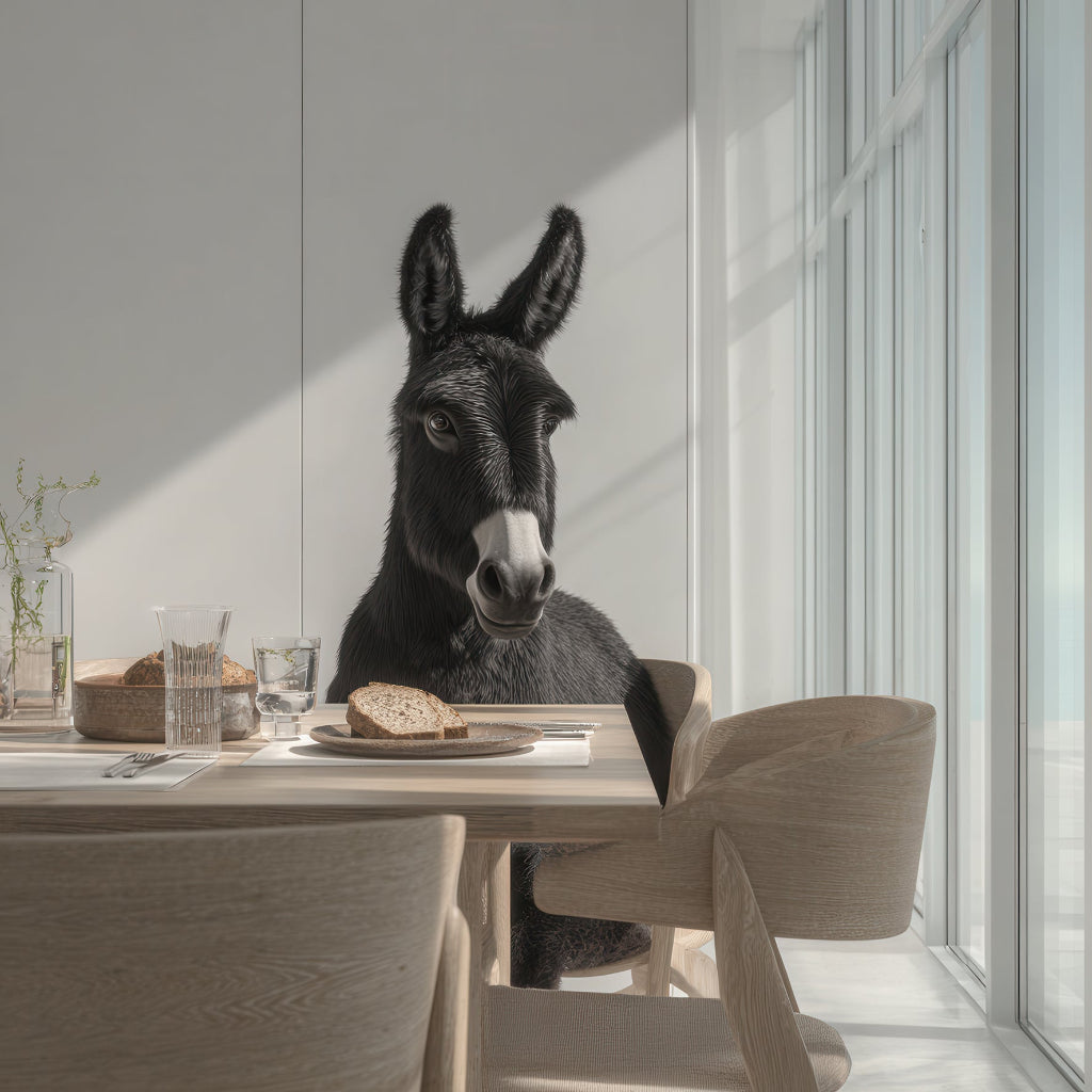 Schwarzer Esel sitzt am hellen, minimalistischen Esstisch in modernem Interieur.

