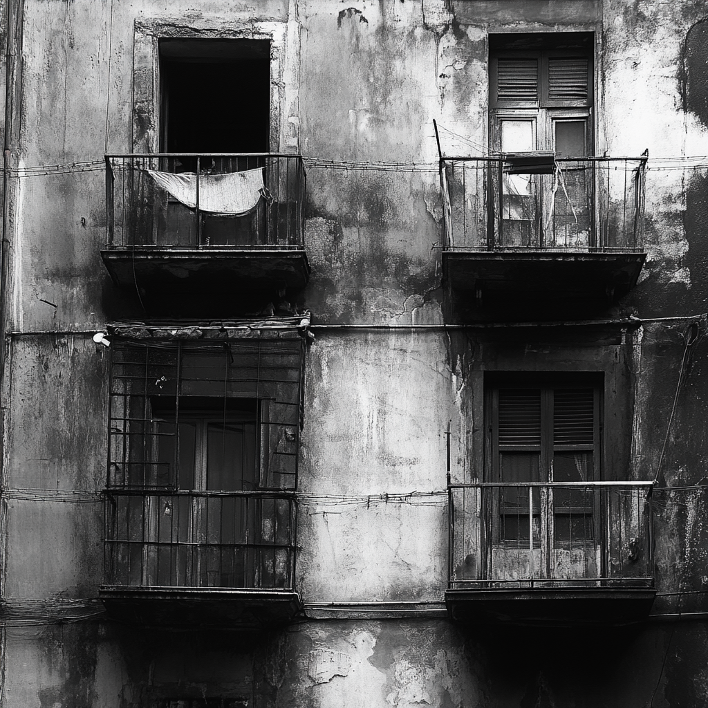 Alte, verwitterte Hausfassade mit vier Balkonen in Schwarz-Weiß – urbanes Fotokunstwerk mit rauer Textur und melancholischer Stimmung.
