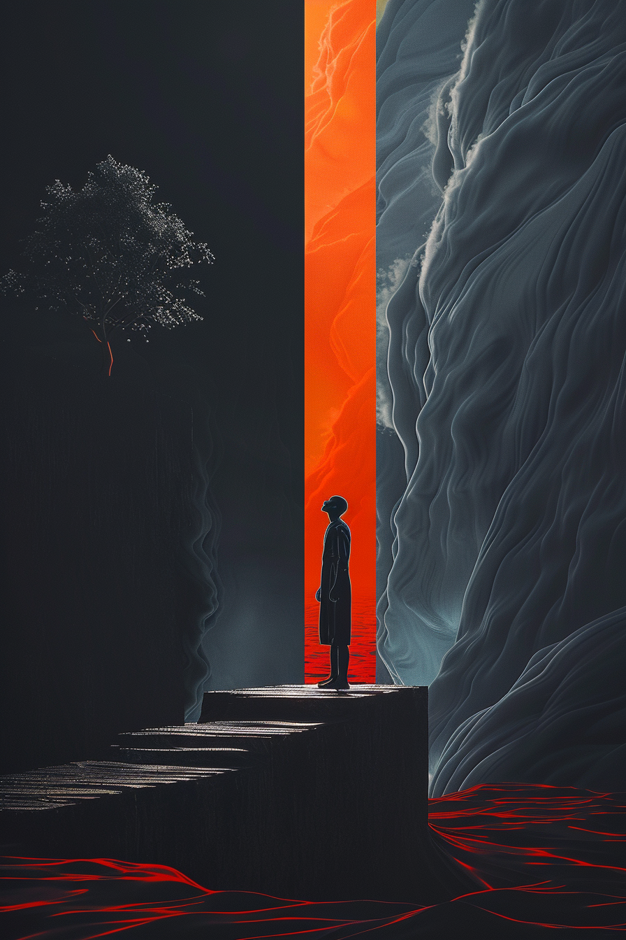Eine dunkle Figur steht auf einer Plattform vor einem leuchtend roten Lichtspalt zwischen Felswänden – Symbol für Entscheidung, Übergang und Bewusstsein.
