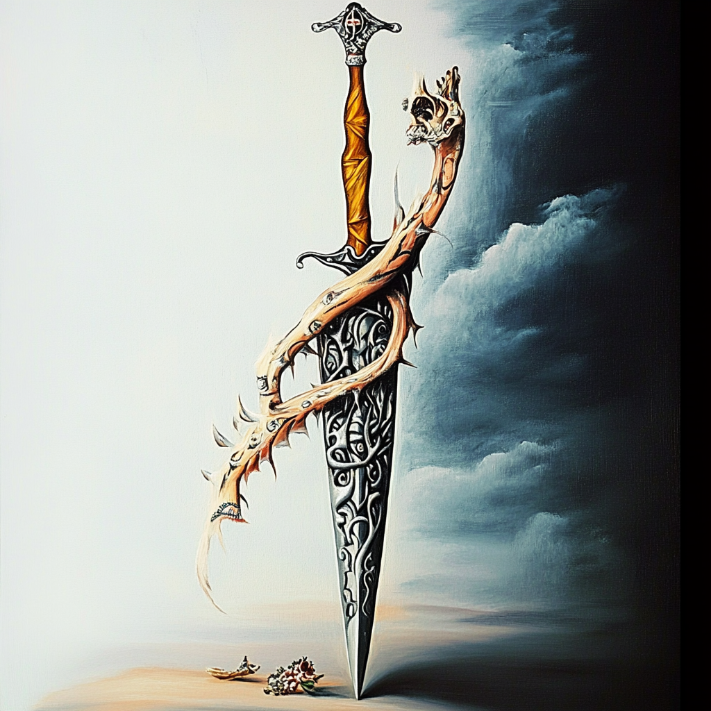 Ein kunstvoll gestaltetes Schwert steht aufrecht zwischen Licht und Dunkelheit, umwunden von einem dornenbesetzten Ast – Symbol für Dualität, Opfer und Macht.

