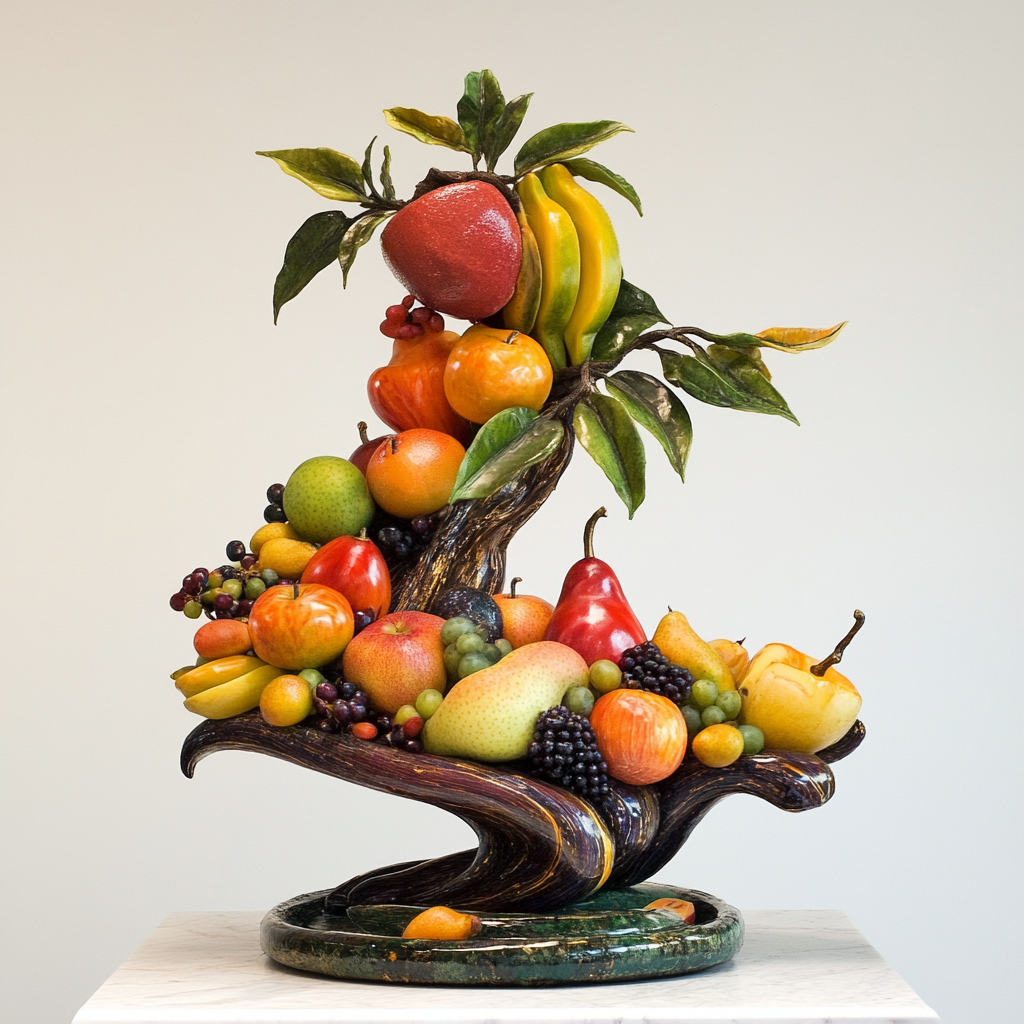 Künstlerische Skulptur aus buntem Obst auf geschwungenem Holzsockel
